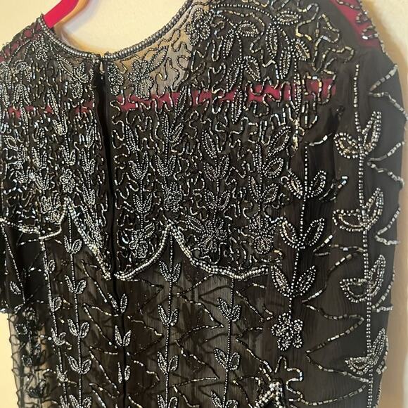 Cote D' Azur Evening Vintage Womens Beaded 100% Silk Sheer Blouse Large Black - Picture 8 of 10